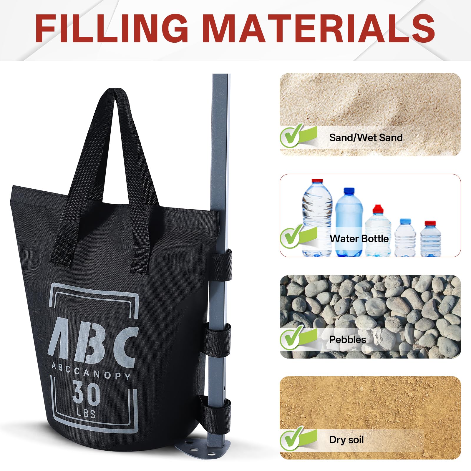 ABCCANOPY - Juego de 4 Pesas para toldo, Bolsas de Arena para Tienda de campaña, Bolsas de Peso para cenador al Aire Libre, trampolín, pérgola (sin Arena)