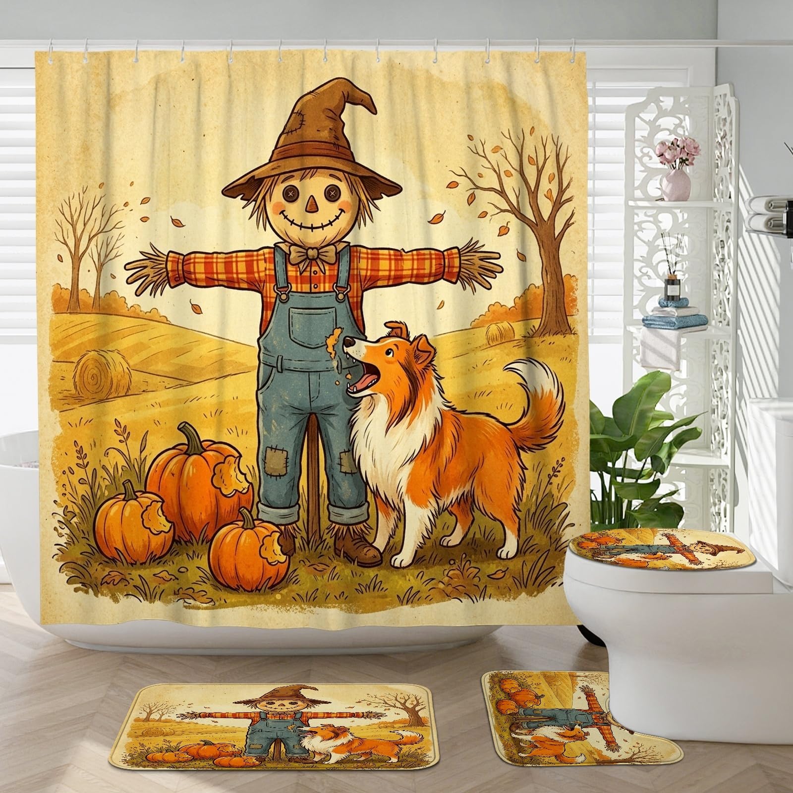 Tapis de bain Rough Collie et ensemble de 4 accessoires pour décoration automnale de toilettes