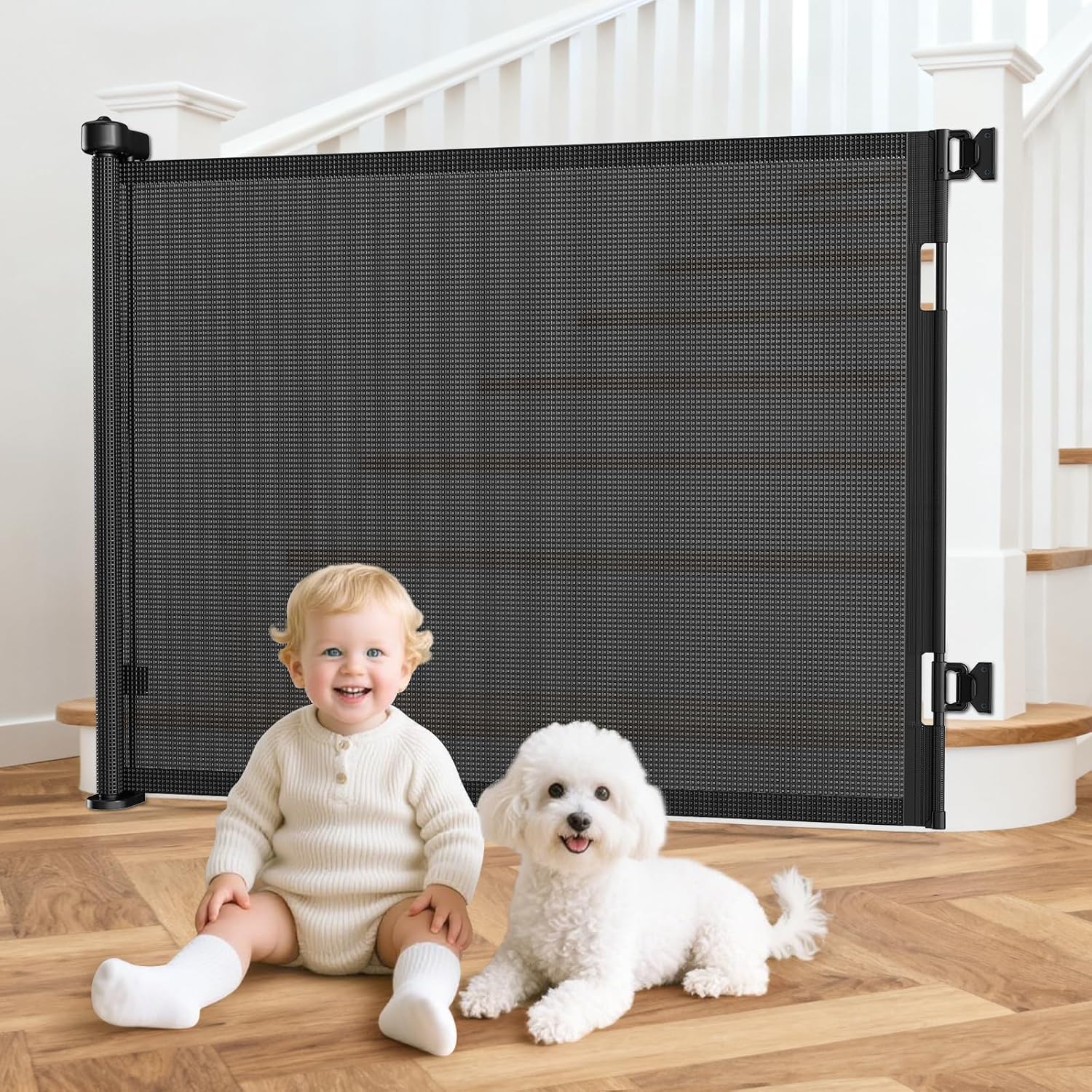 55 Inch Retractable Baby Gates Extra Wide, 41 Inch Reinforced Extra Tall Gate Mesh Safety Gate for Kids Pets, Retractable Dog Gate Baby Retractable Gate for Stair Hallway Doorway Indoor Outdoor, Black Black 41'' X 55''