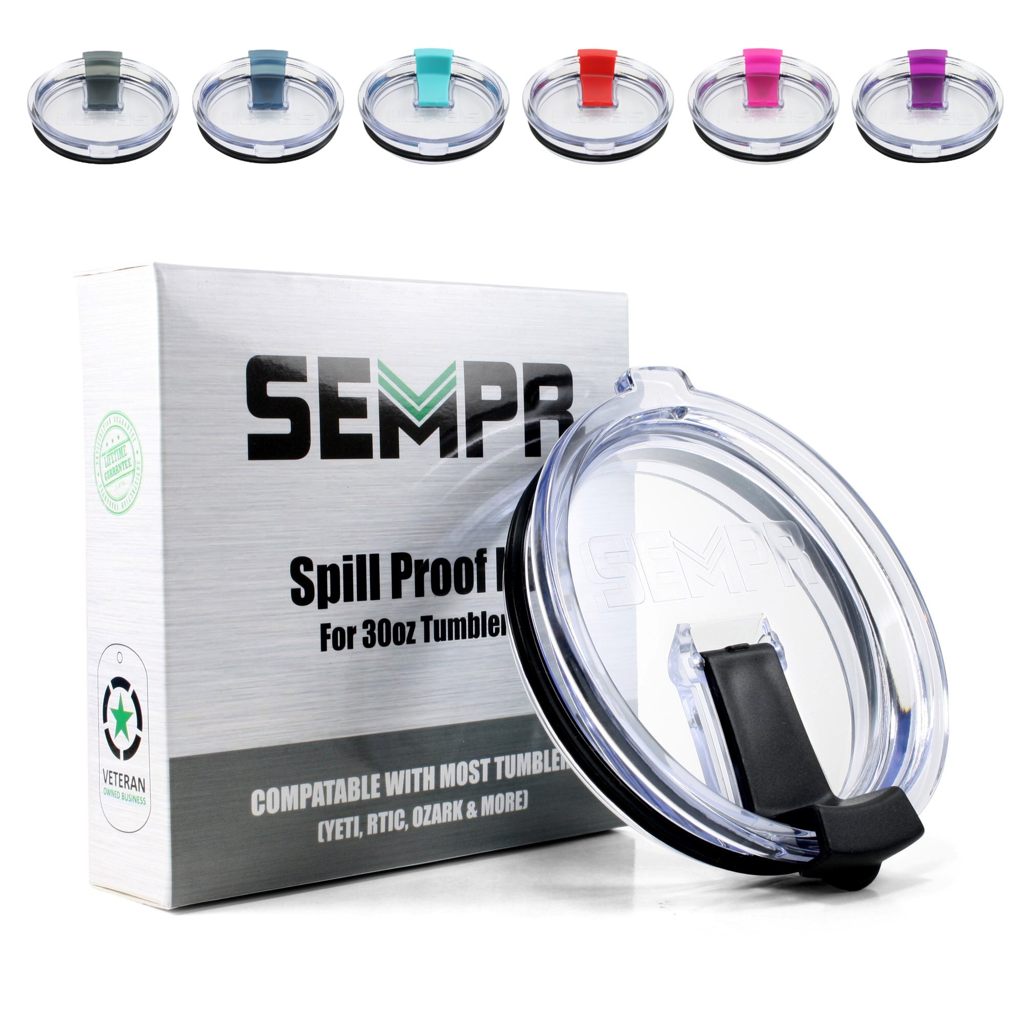 NEW Spill Proof Lid for 30 oz YETI Rambler Tumbler, RTIC, Ozark Trail, and other 30oz stainless steel tumblers | Colored leakproof travel lids (Black)