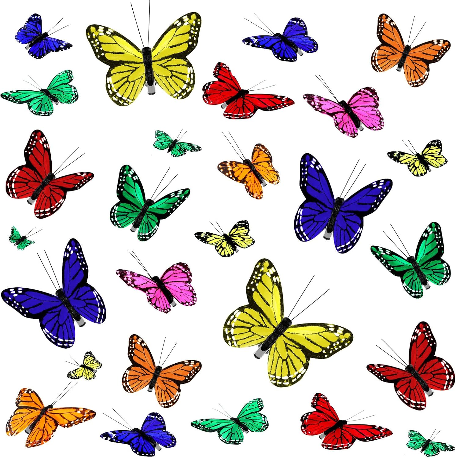 24 Pcs Monarch Butterfly Decorations 4 Size Artificial Monarch Feather Fake Butterflies Picks Crafts Fake Flying Creatures for wall Spring Craft Cosplay Wedding Party