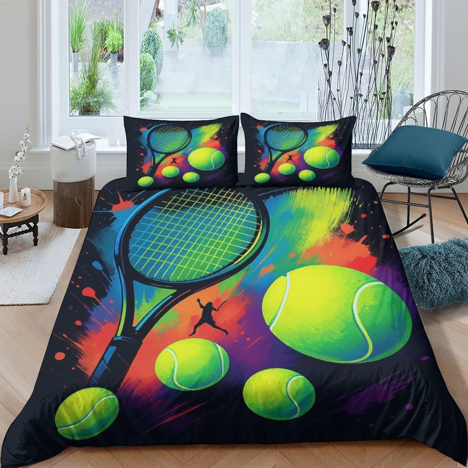 Ctjqhvkz Style-6 3D Printed Neon Tennis Ball Fitted Sheet Microfiber Vibrant Racket Mattress Cover For Bedroom Dorm Decor Single（135X200cm）