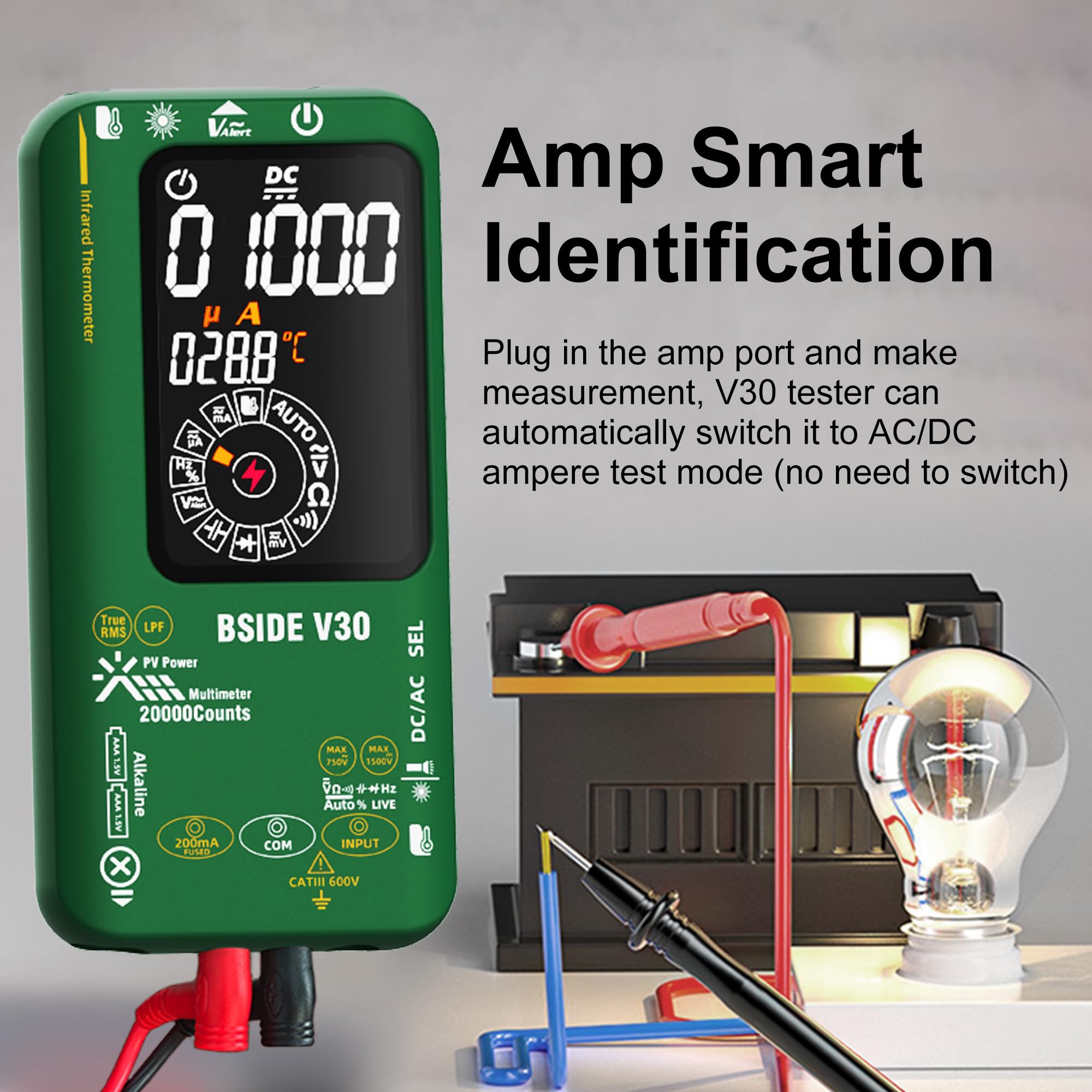 BSIDE Digital Multimeter Messgerät TRMS 20000 Zählungen, 0.01mV 0.1μA 1500V Smart Photovoltaik Multimeter, Stromprüfer Spannungsprüfer Hochgenau mit Doppelter Leistung Farb-LCD und IR Thermometer