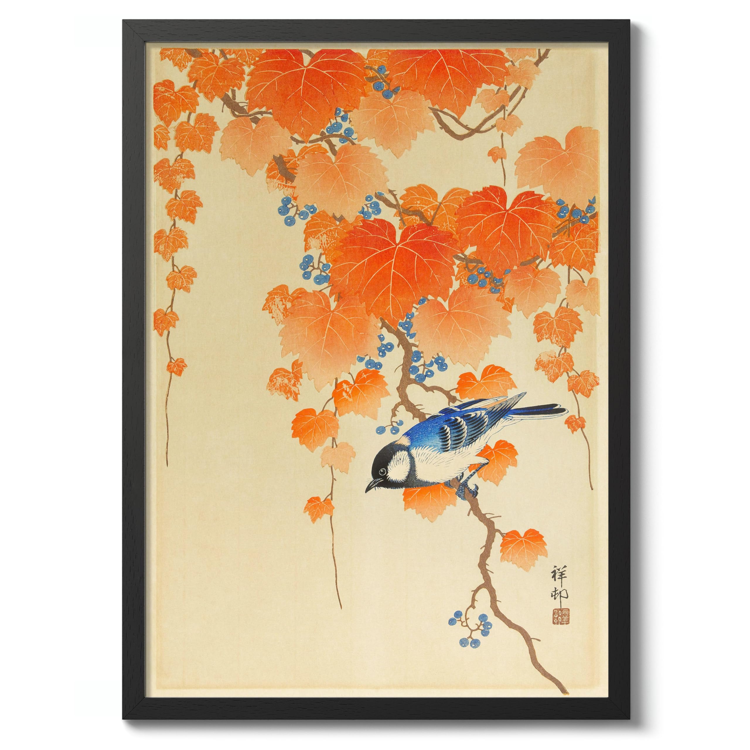 Animato Great Tit Japanese Woodblock Print, Vintage Aesthetic Poster Japan Wall Art Exhibition Ukiyo-E Home Decor, Archival Matte, 50x70cm (Black Frame) - 50x70cm โ image 1