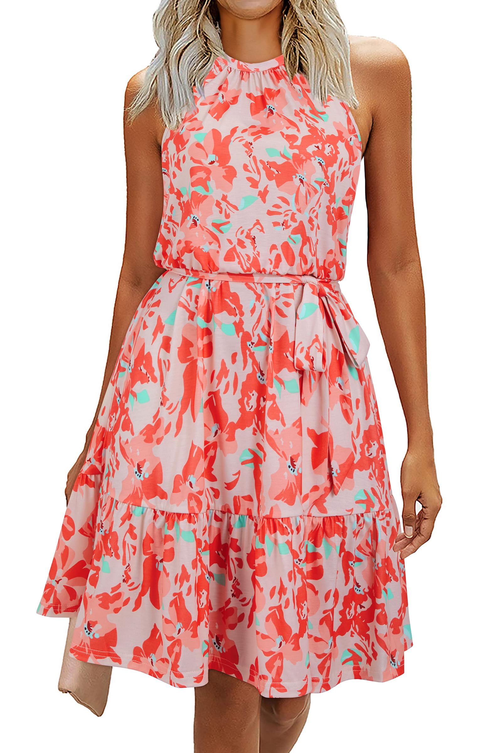 Newshows Sommerkleider Damen Knielang Elegant Kleid Blumenmuster Neckholder Rüschen Freizeitkleider mit Taschen