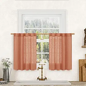 LAMIT Short Linen Window Curtains 30 Inches Long 2 Panels, Terracotta Semi Sheer Light Filtering Panels Back Tab and Rod Pocket Fall Drapes for Basement/Small Windows, 34 x 30 Inch