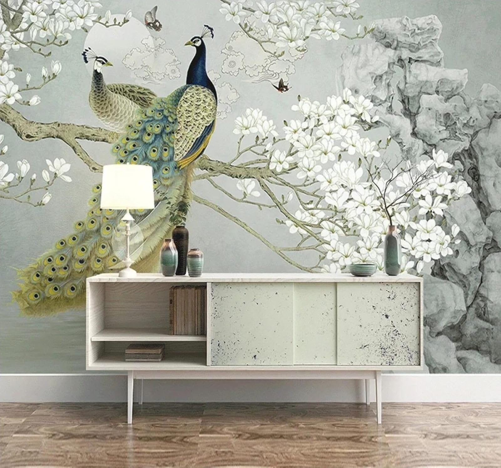 Tzxztt Beautiful Peacock Magnolia Butterfly Landscape Modern 3D Wallpaper Premium Textured Silk Neutral Tones Material Ideal for Living Room Bedroom-150cm×105cm
