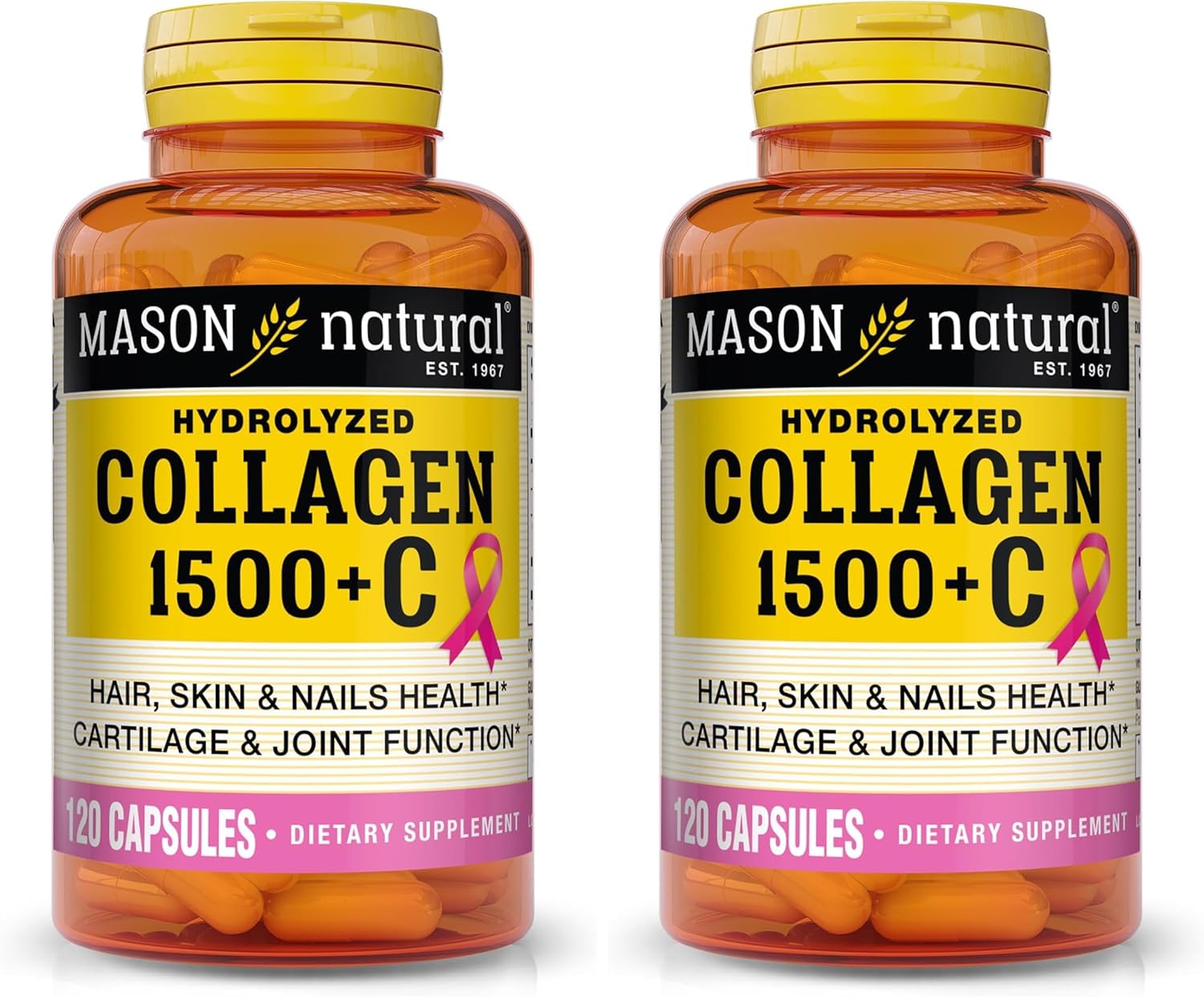 MASON NATURAL 1500mg Collagen with Vitamin C, Biotin, & Calcium, 40 Day Supply Capsules, Supplement for Hair, Skin, and Nails. (Pack of 2)