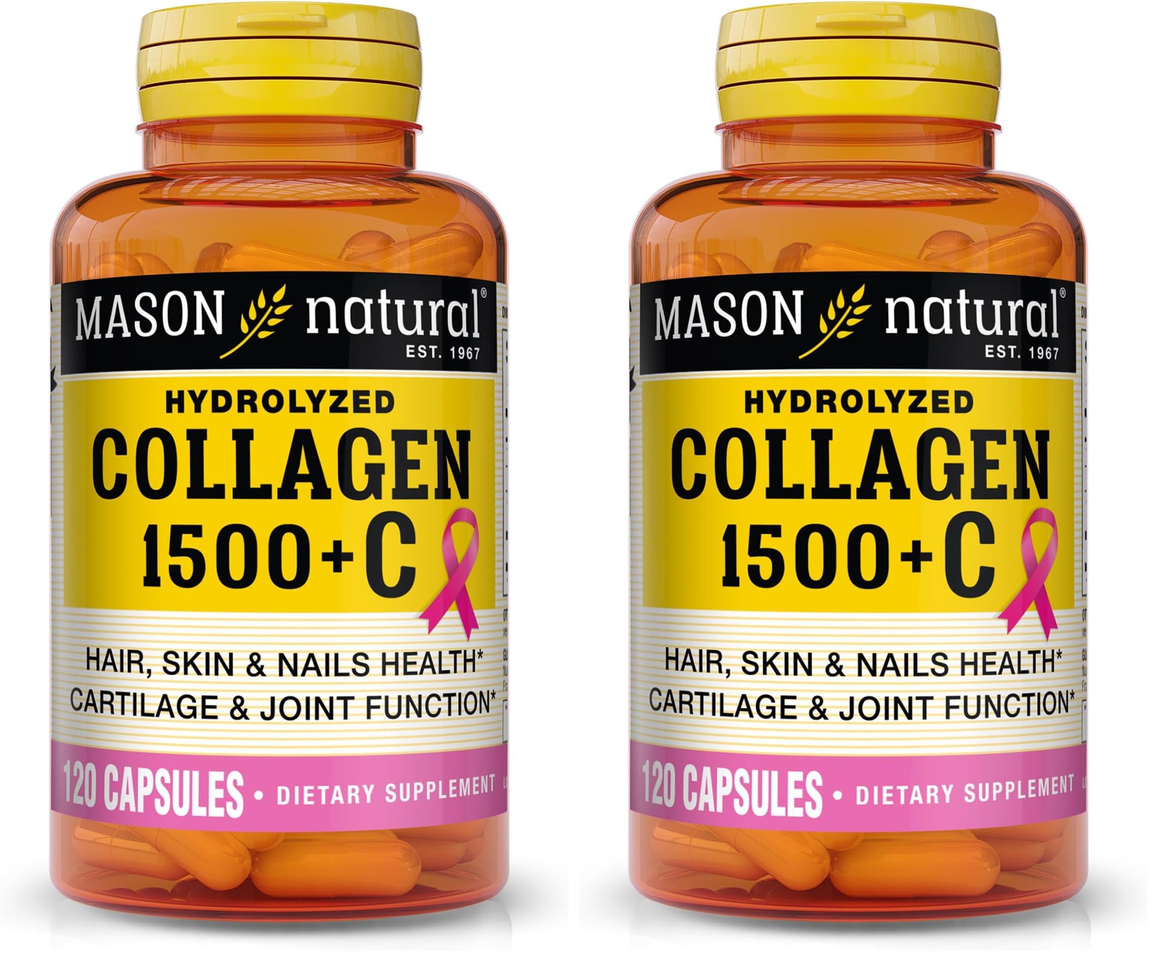 MASON NATURAL 1500mg Collagen with Vitamin C, Biotin, & Calcium, 40 Day Supply Capsules, Supplement for Hair, Skin, and Nails. (Pack of 2) Unflavored 120 Count (Pack of 2)