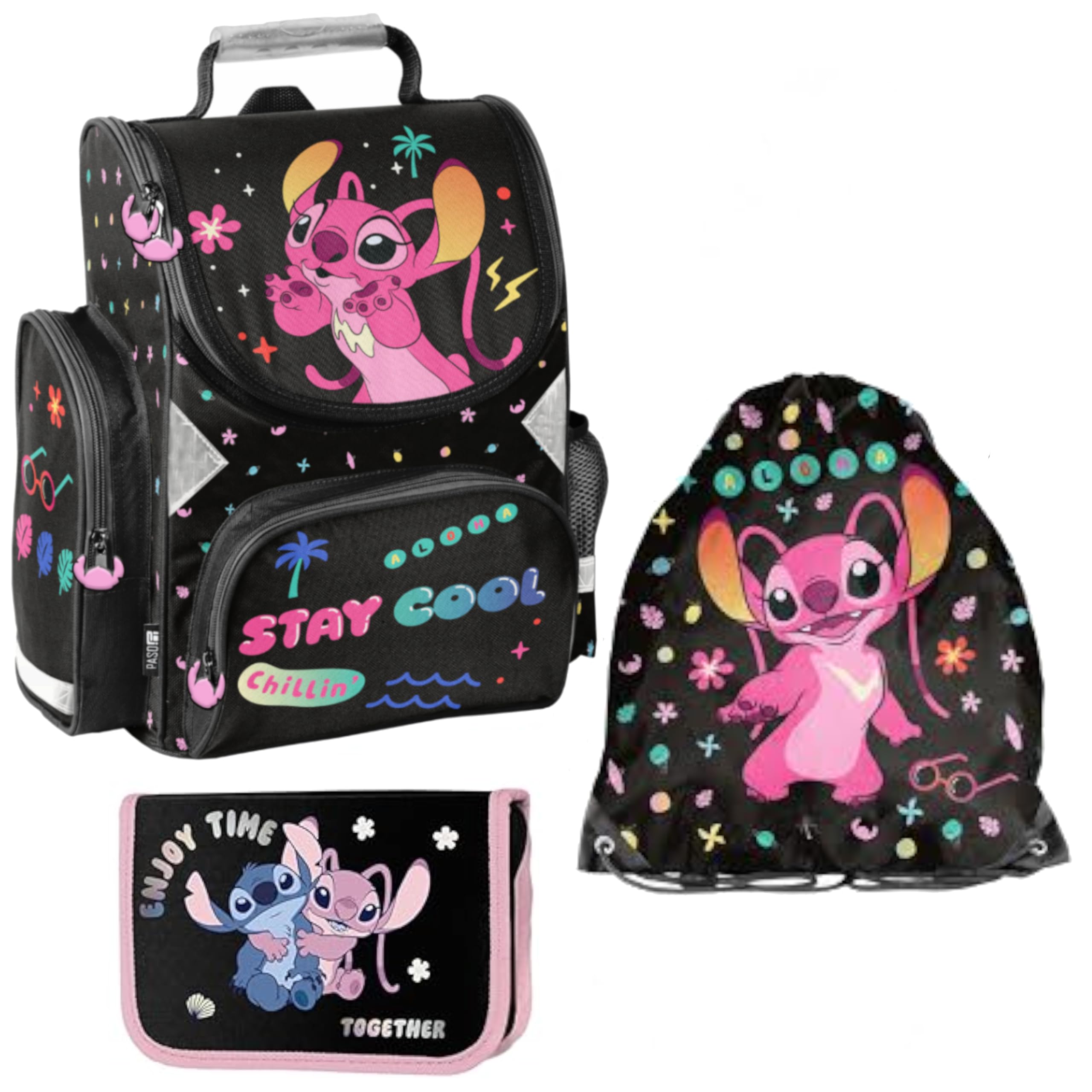 PASO- Schulranzen für Jungen und Mädchen, 3/5/7/14er-Set - Schul-Rucksack für Kinder mit Federmäppchen - Schuhbeutel - Stitch Motiv- 1-3 Klasse
