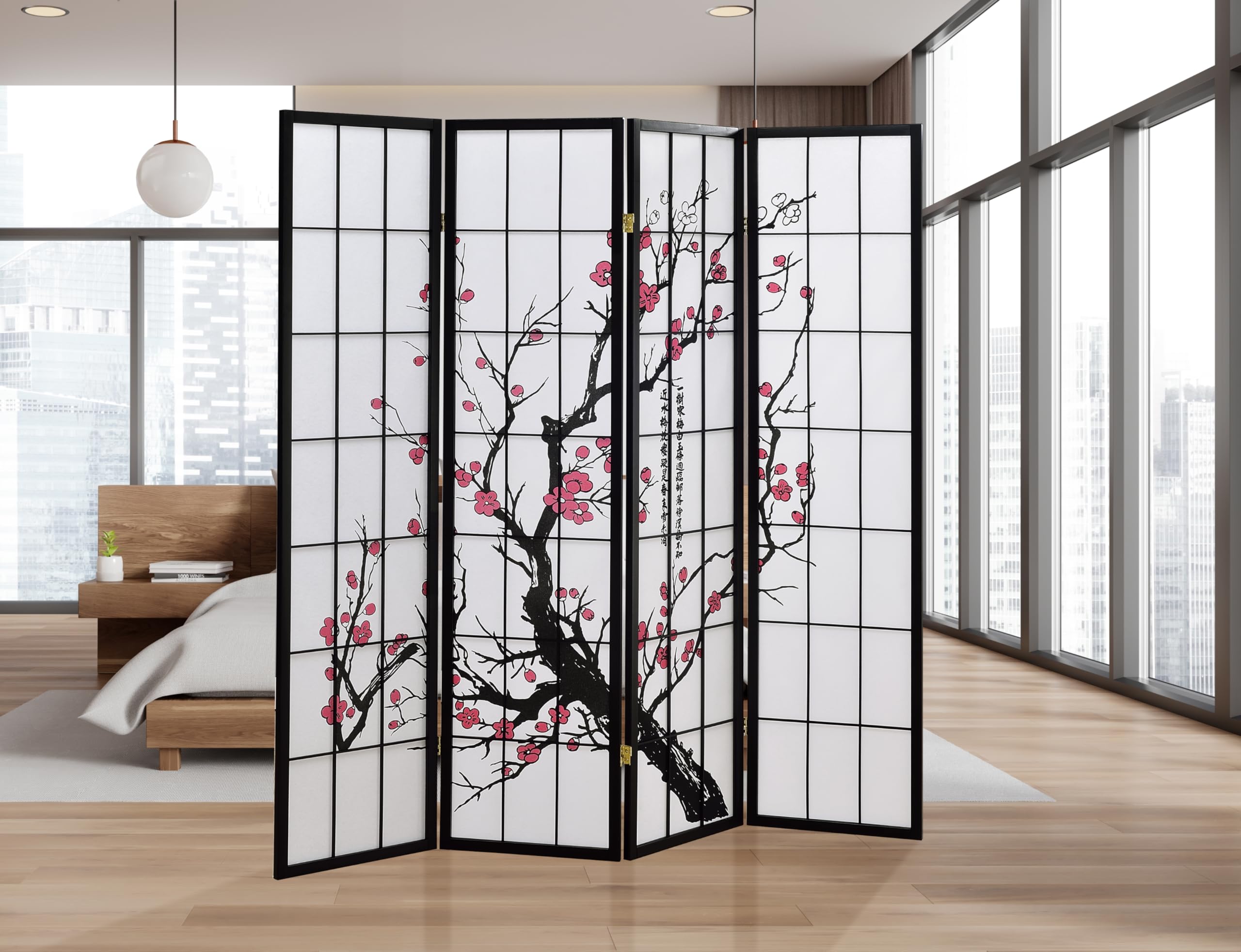 4 Panels Room Divider Privacy Screen Shoji Divider 6ft High Japanese Style Privacy Room Divider (Cherry Blossom, 4 Panels)