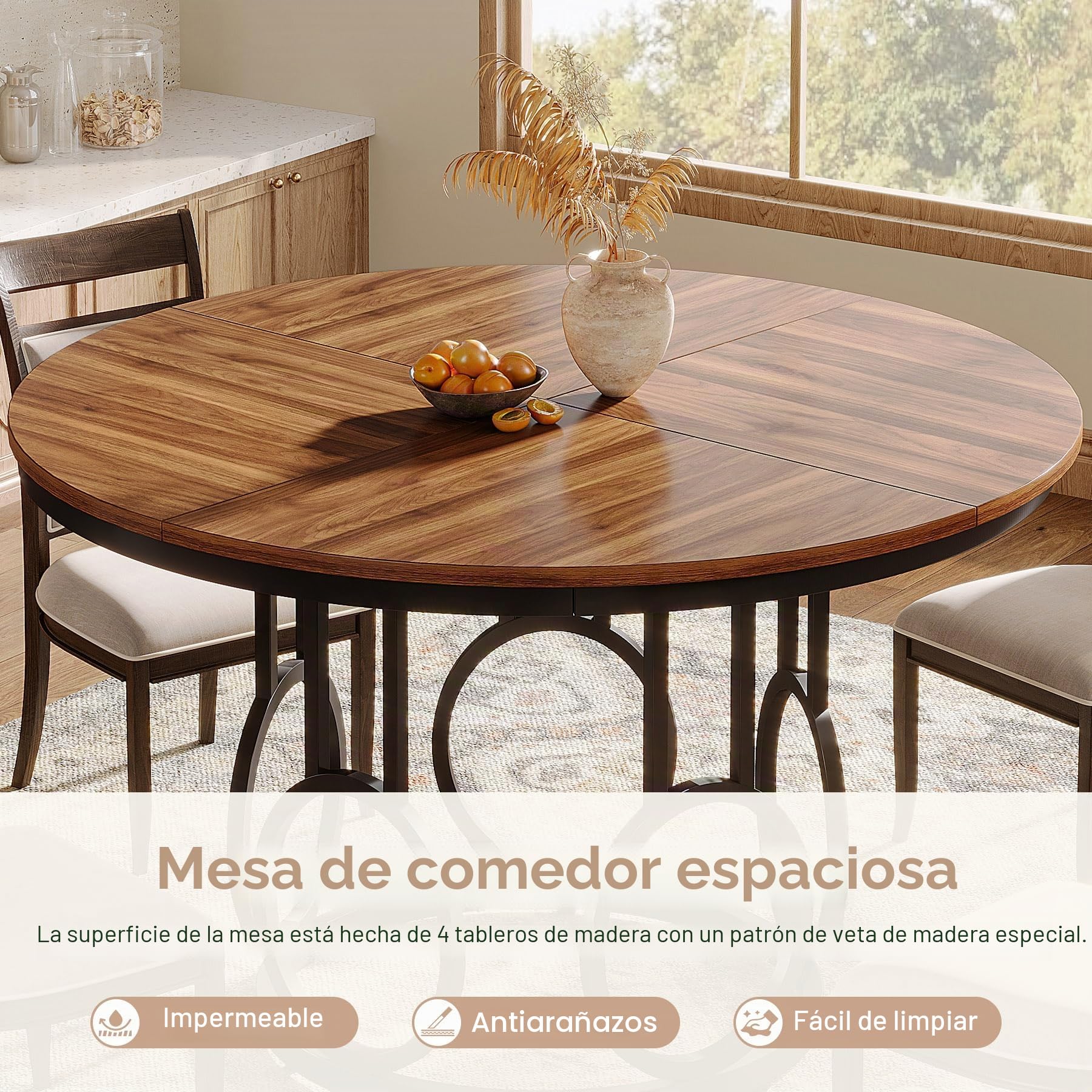 Tribesigns Mesa de comedor redonda de 47 pulgadas, mesa de cocina de madera con base de metal resistente para 4-6 personas, mesa de comedor circular grande para comedor, cocina, sala de estar (marrón