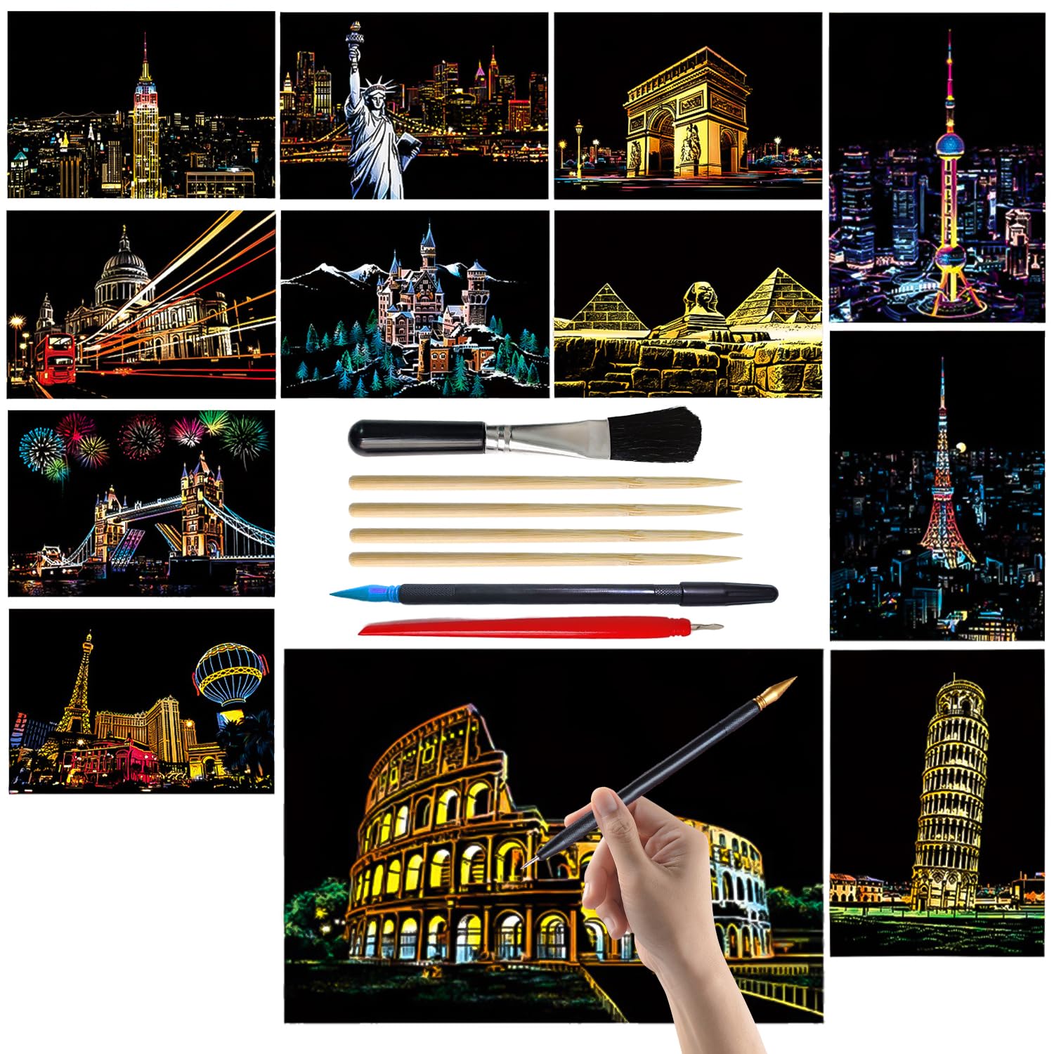 ZEKW Scratch Art for Adults and Kids, 12-Piece Rainbow Scratch Notes Kit with Scratching Tools