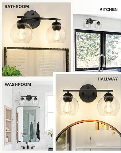 Miniatura 6 de Emak Lámpara de baño negra de 2 luces sobre el espejo, luces de tocador de baño con pantalla de vidrio transparente, VL114-BKL-2