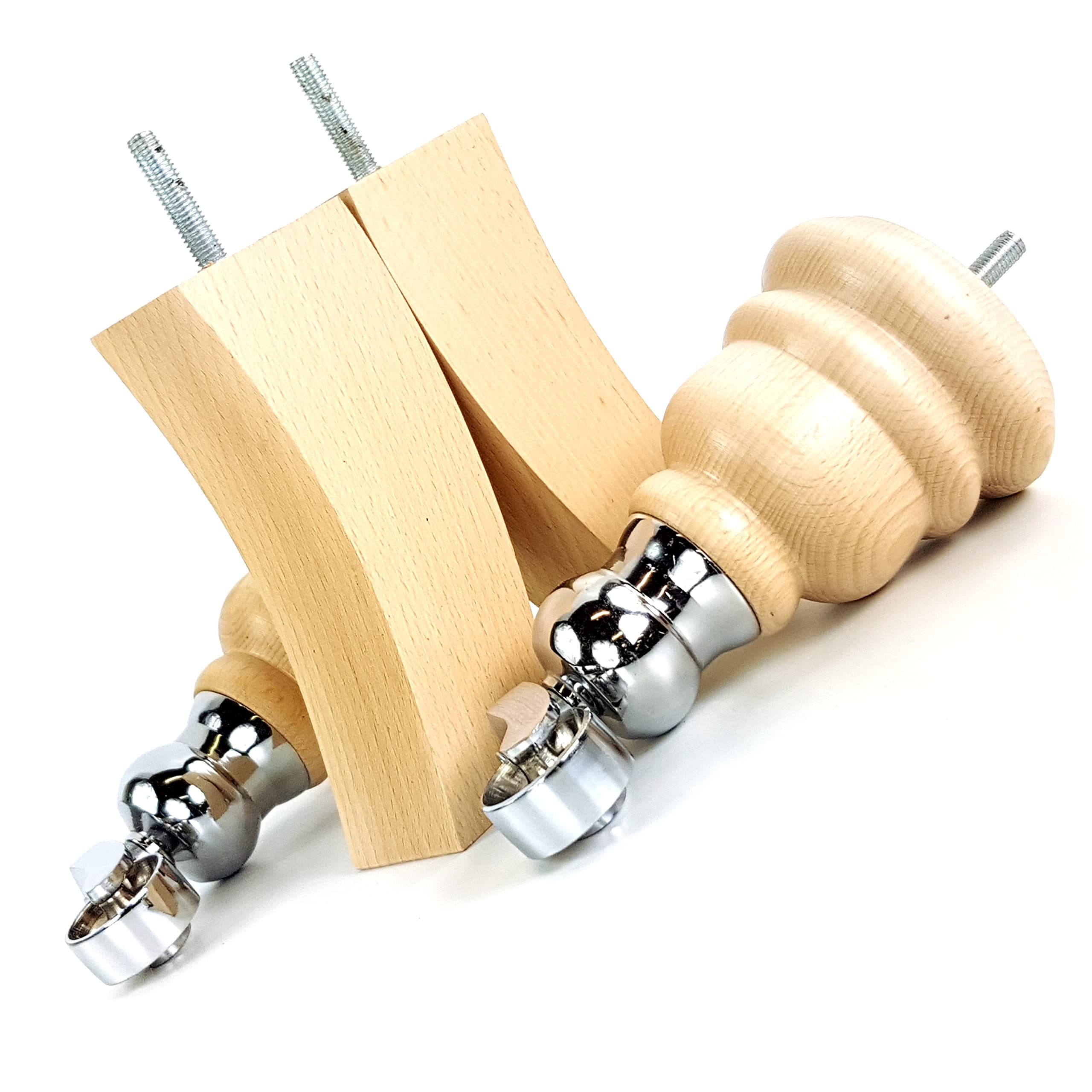 Knightsbrandnu2u 2x NATURAL 165MM HIGH WOODEN FURNITURE LEGS WITH REPLACEMENT CHROME CAULDRON CASTOR & 2 CURVED BACK FEET SETTEE CHAIRS, SOFAS M8(8mm) TSP2007