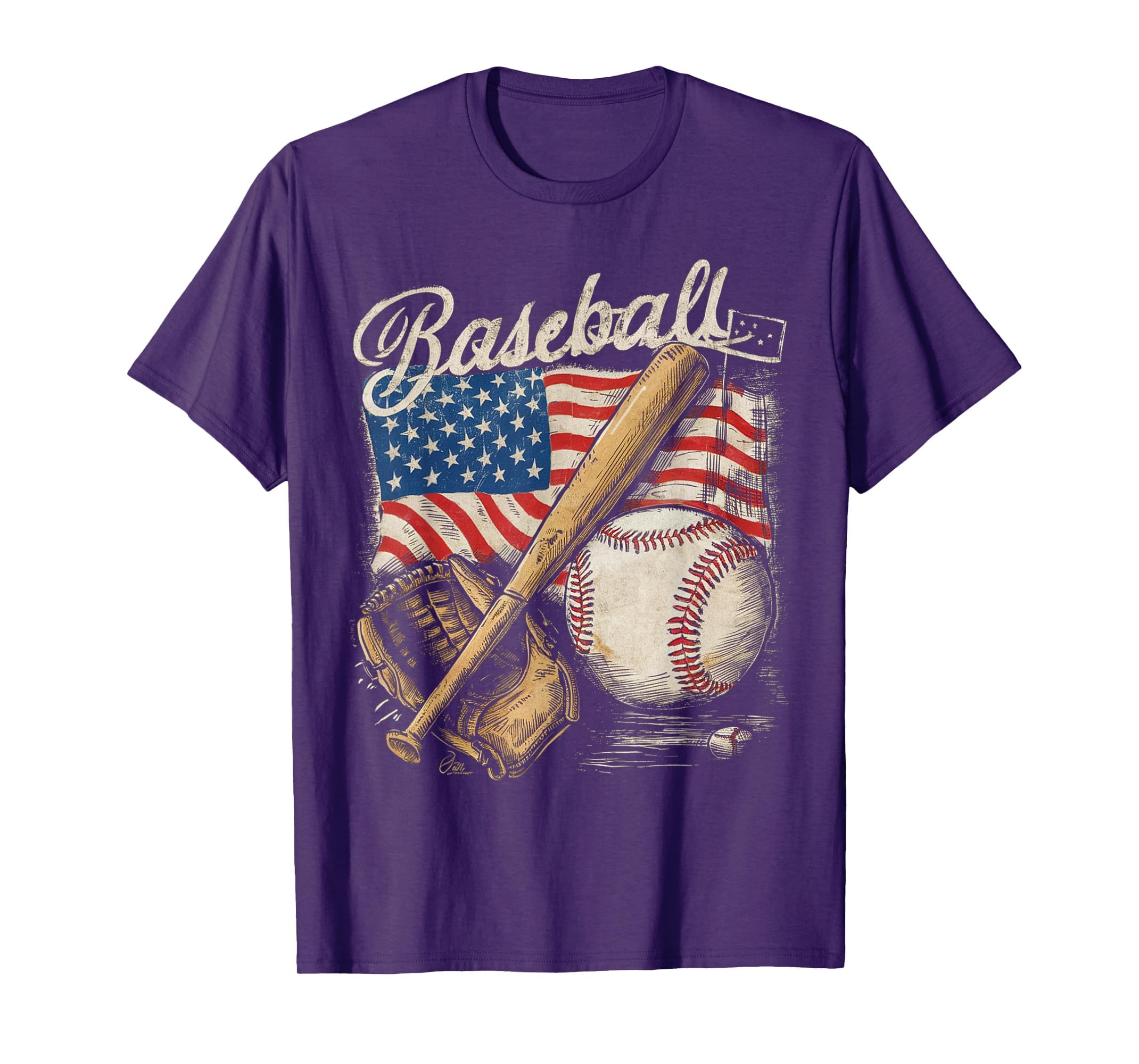 American Flag Baseball Player Bat Fan Catcher Pitcher USA T-Shirt