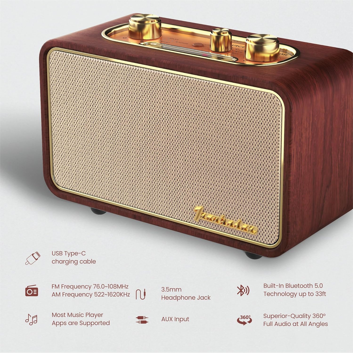Wooden Retro Bluetooth Speaker, Vintage Portable Wireless Speaker with Interchangeable Faceplates, FM Radio, Subwoofer& Rotary Dial- Ideal for Music Lovers (Apur Retro Wood) - Image 3