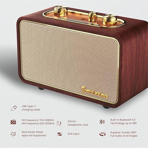 Miniatura 3 de Altavoz Bluetooth retro, radio FMAM de madera vintage, graves de 10 W, batería de 10 horas, placas frontales intercambiables, audio de escritorio