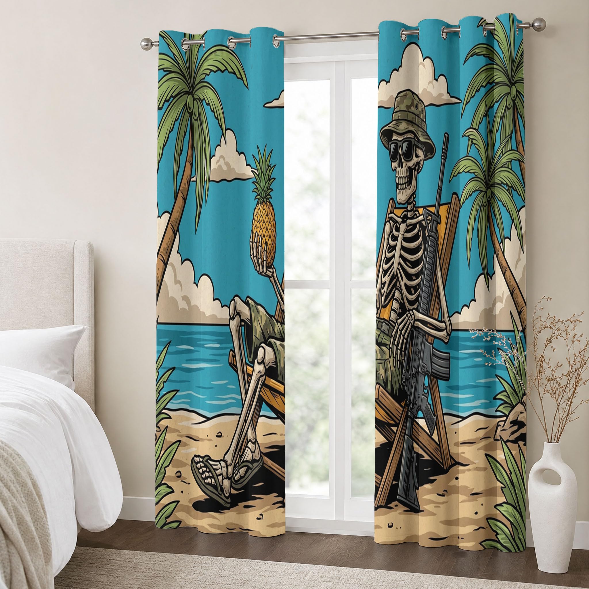Animationsstil Verdunklungsvorhänge H140 x B90 cm (2er Pack) Set Blickdicht Gardinen Mit Ösen Für Wohnzimmergothic-Schädel Vorhänge Schlafzimmer Kinderzimmer - Blaugrün