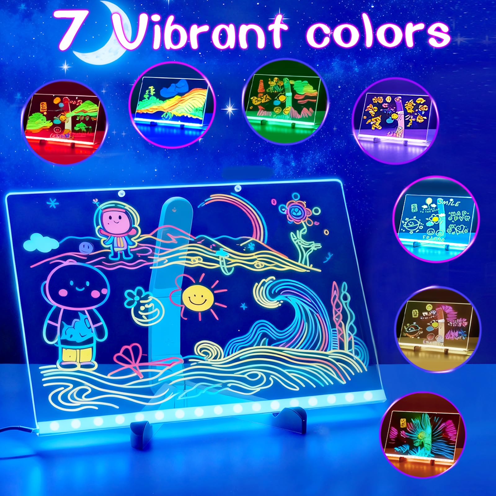 Farnirvana Lavagnetta Cancellabile Bambini, 30x20cm Lavagnetta in Acrilico con Luci LED, Con 7 Colori penna e 2 supporto, per Ristoranti，Scuola, Bar, Casa, Ufficio, Natale