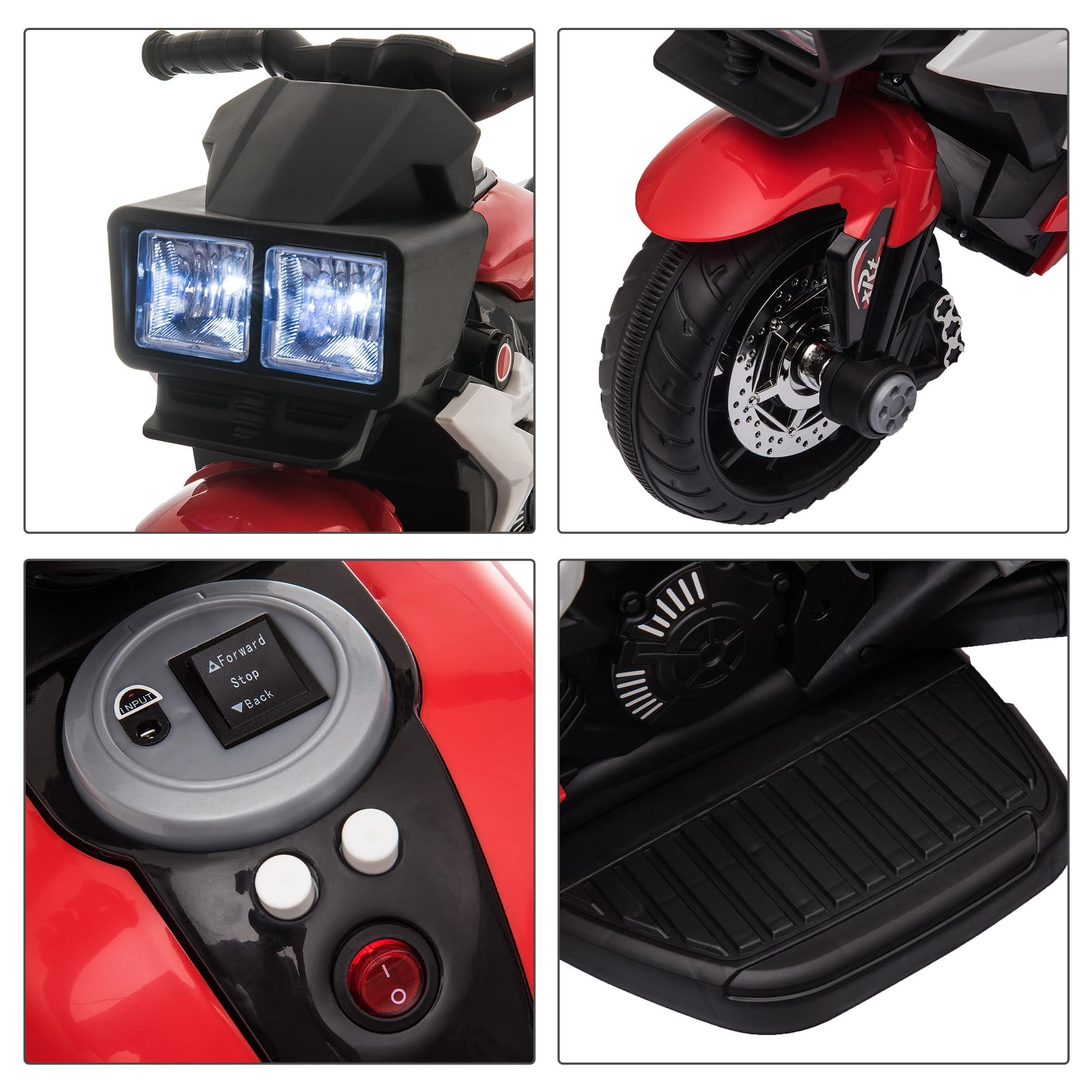 HOMCOM Moto Elettrica per Bambini 3-5 Anni 6V (max. 25kg), Velocità 3km/h, Motorino Elettrica per Bimbi con 3 Ruote, Luci e Suoni, Rosso, 86x42x52cm