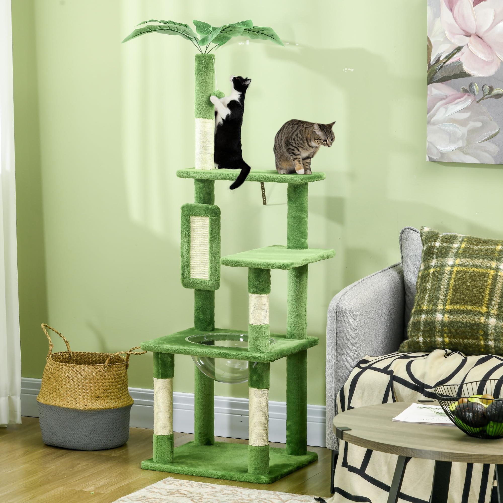 PawHut Albero per Gatti Multilivello Amaca Tiragraffi 49x49x142 cm Verde | Pallina, Foglie Decorative, Rivestimento in Peluche
