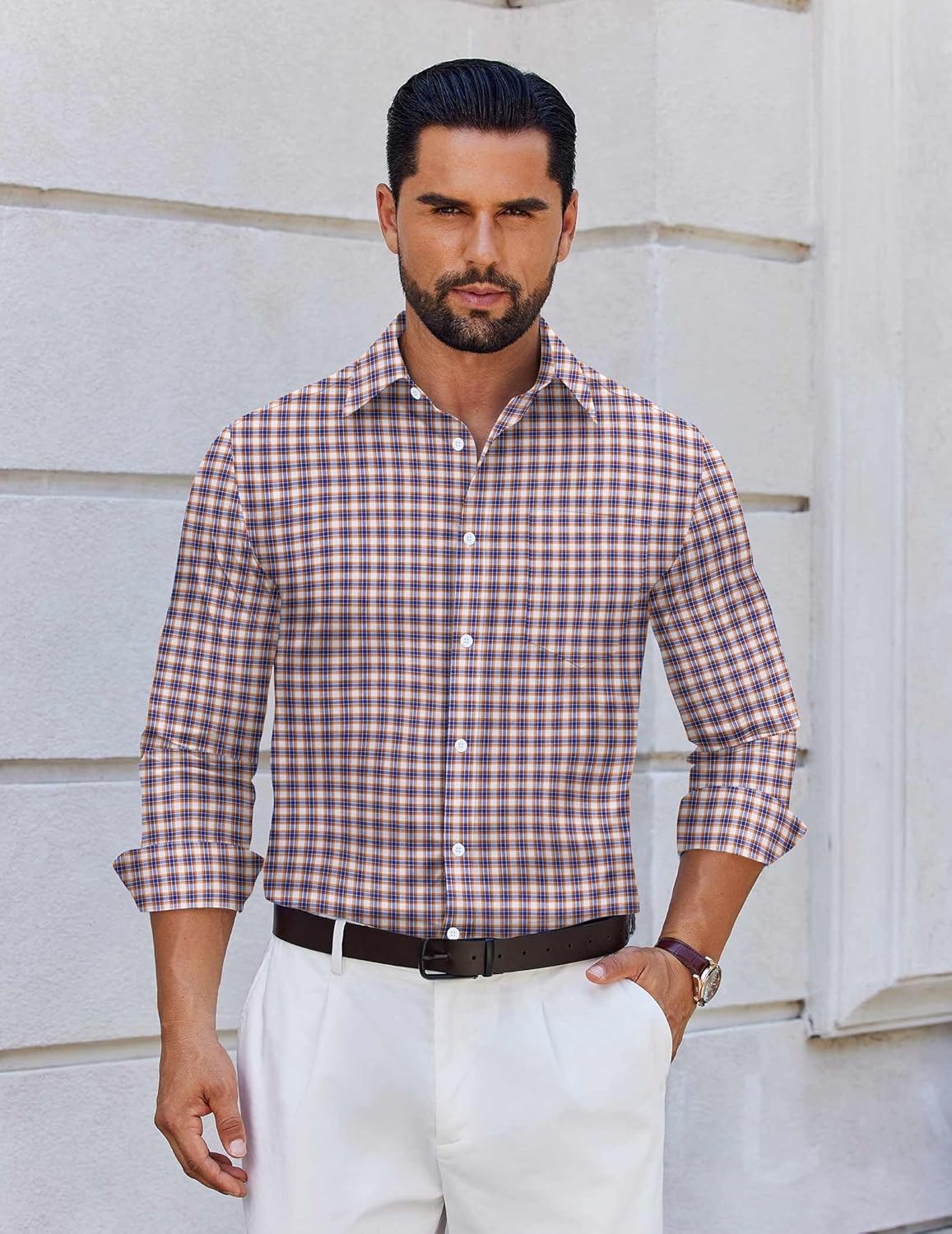 COOFANDY Men's Long Sleeve Plaid Button Down Cotton Wrinkle Free Dress Shirt - Image 3