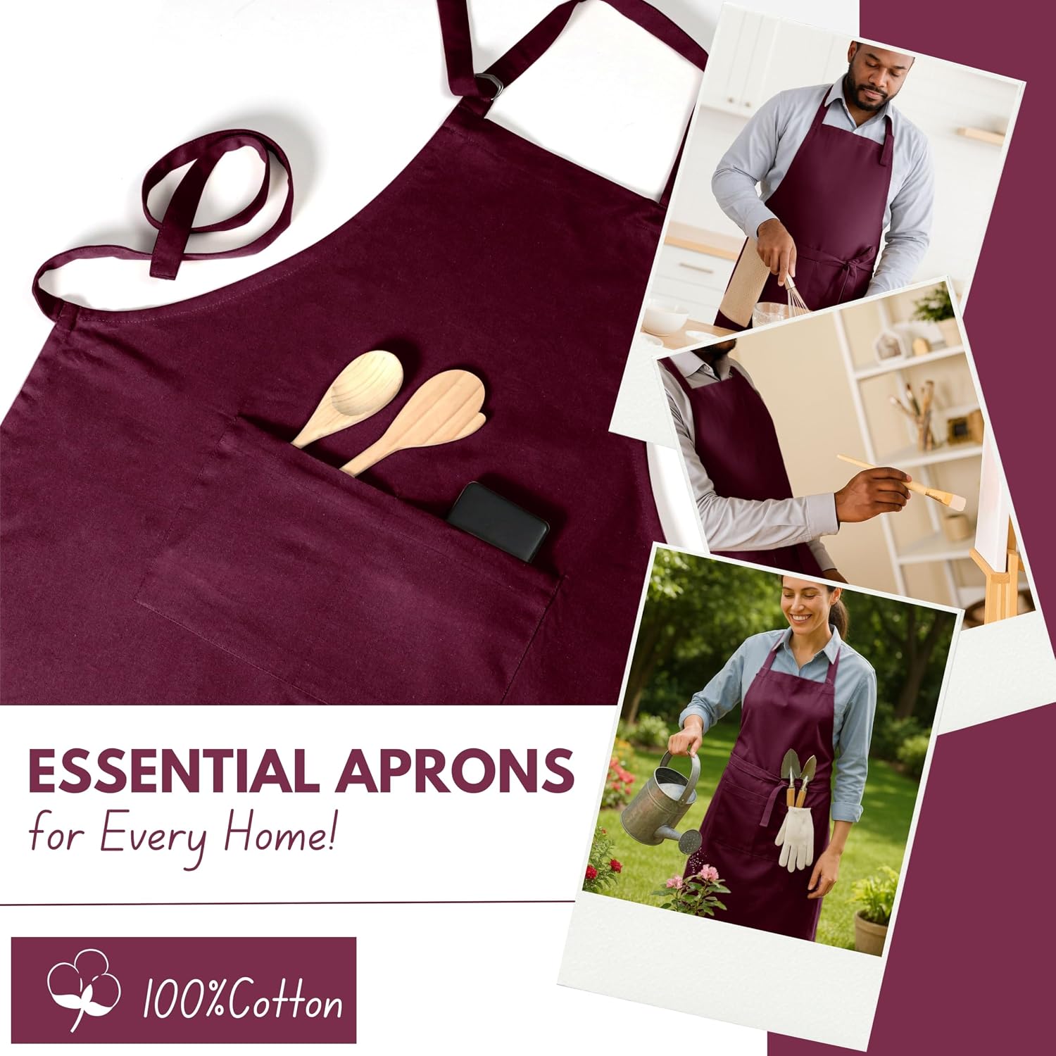 Native Fab Kitchen Apron 2 Pack - 100% Cotton Adjustable, Durable Apron with Pockets, Perfect for Cooking, Baking, Grilling