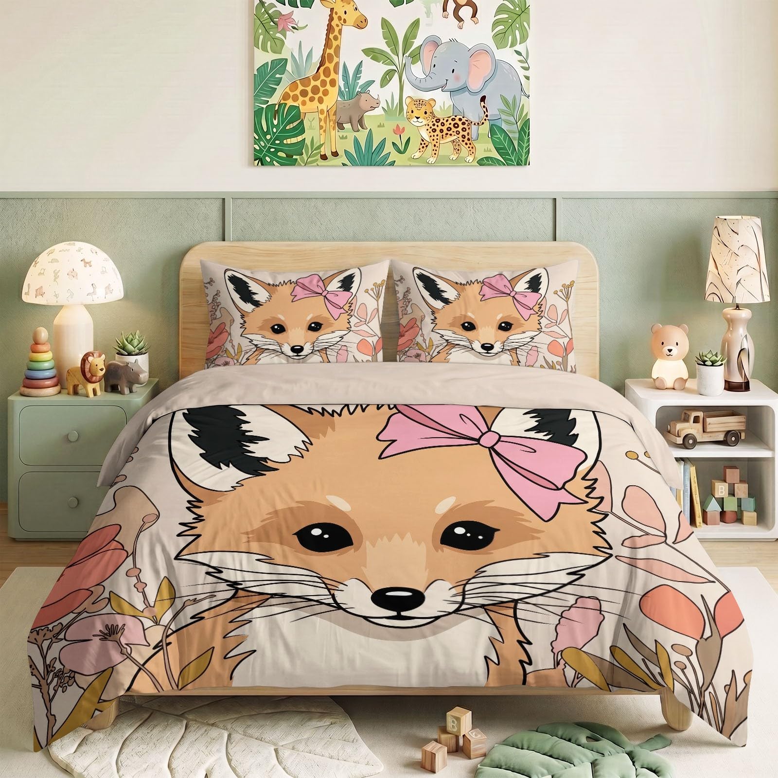 Generisch Bettwäsche Set 3-teilig 200 x 200 cm, Niedlich Handgezeichnet Kinderbettwäsche Mikrofaser mit Reißverschluss - Bettbezug Tiere Fuchs Schleife für Jungen Mädchen Hellbeige Bettwaren