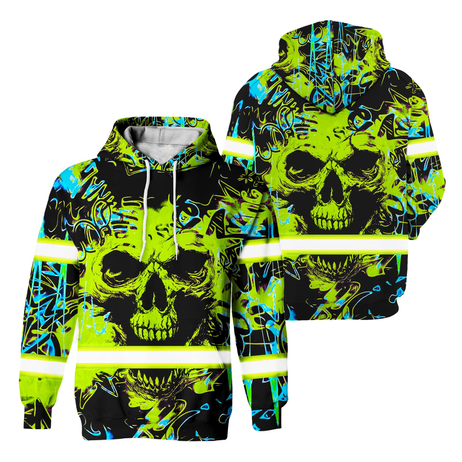 HiVis Custom Green Neon Skull Scratch High Visibility Hoodie for Men Reflective Hoodie Hi Vis Construction Workwear for Runners, Walkers, Trucker, Operator, Patriotic-2XL