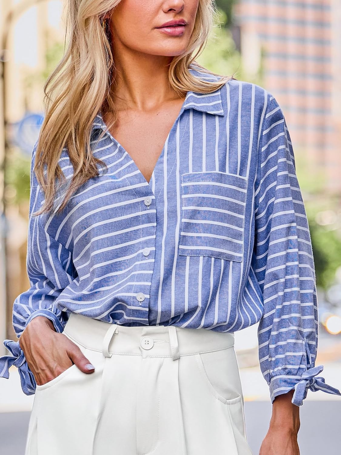 CUPSHE Women's Casual Striped Top V Neck Button Down Shirt Long Sleeve Tie Cuffs Loose Fit Blouse - Image 7