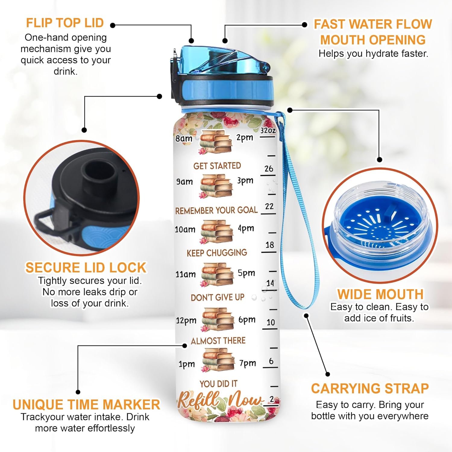 Hyturtle Personalized Book Lovers 32 Oz 1Liter Motivational Water Bottle With Time Marker, Just A Girl Who Loves Books, Reading Gifts, Librarian Gifts For Women, Girl On Birthday, Christmas