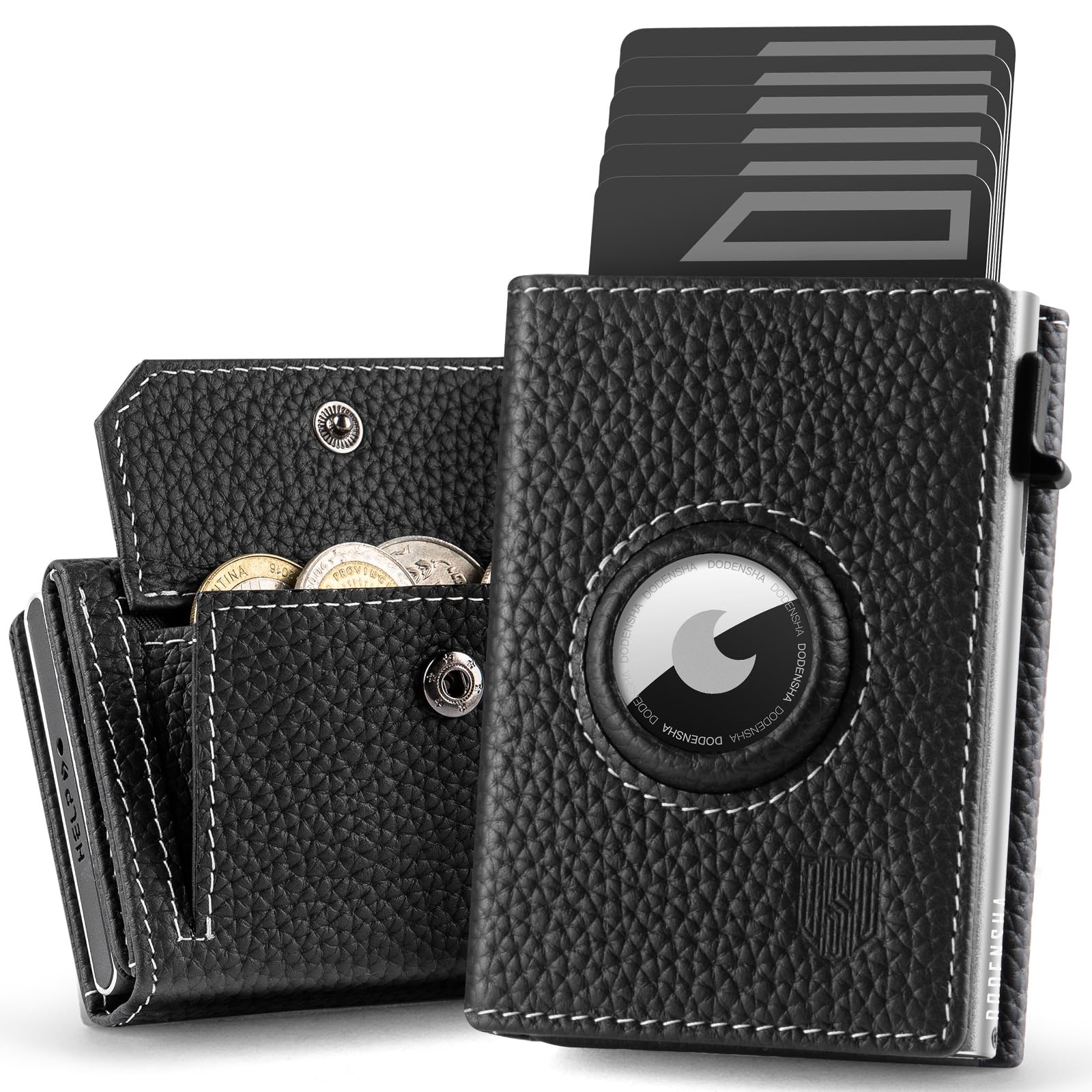 DODENSHA Pebble Airtag Wallet mit XL Münzfach I MagSnap Smart Airtag Wallet I Kartenetui für 10+ Karten I Geldbörse mit RFID Schutz I Portmonee Herren I Schwarz Silber