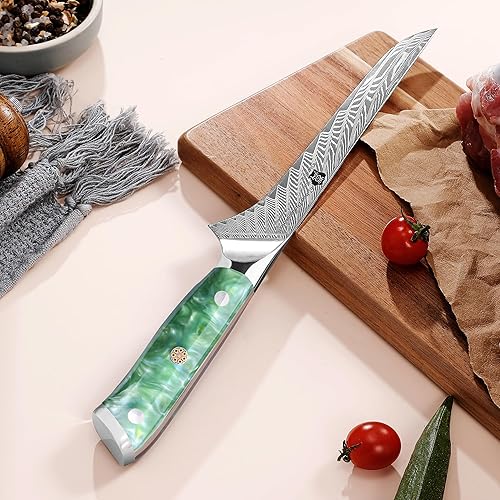 Miniatura 7 de WILDMOK Cuchillo de filete de Damasco de 7 pulgadas, deshuesado de acero de damasco japonés, tallado, deshuesado, mango de resina de espiga