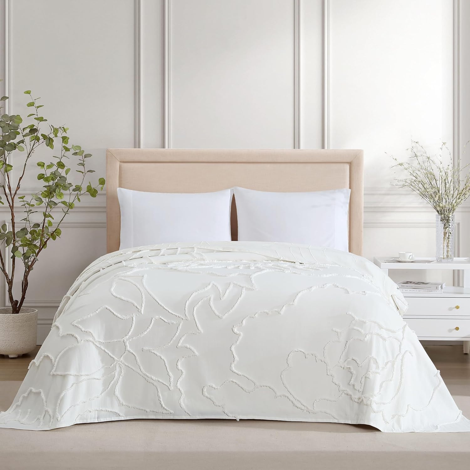 ELLE Decor Floral 100% Cotton Chenille Bedspread, Queen, Ivory