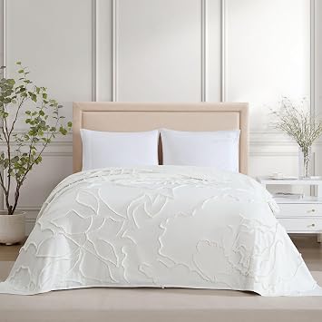 ELLE Decor Twin Cotton Chenille Bedspread, Floral Pattern, Ivory