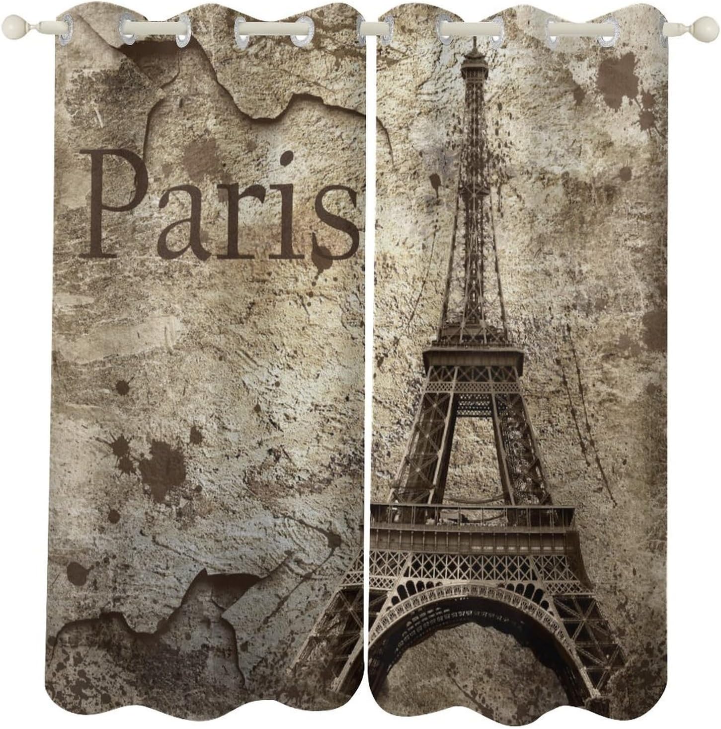 Eiffel Tower Blackout Curtains, Pink Cherry Blossoms Romantic French Streets Couple Oil Painting Decor Window Treatments, Grommet Drapes for Girls Room Bathroom, 42x45inch (2 Panels)