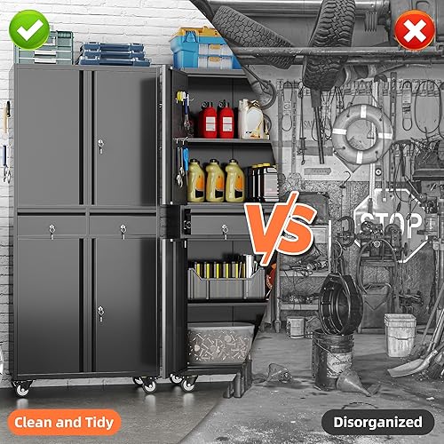 Miniatura 6 de Armario de almacenamiento alto de metal con ruedas, gabinete de almacenamiento de garaje rodante, archivador con cerradura con estantes