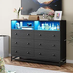 GarveeHome Black Dresser for Bedroom, Wooden Modern 6 Drawers Wide Dresser with Charging Station and Led Lights Design, Large Capacity Storage Chest of Drawers