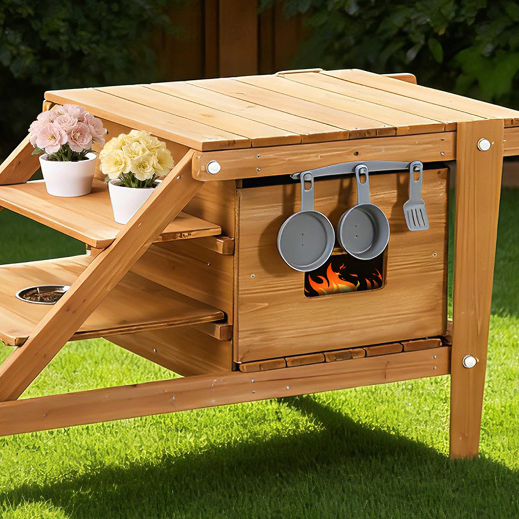 SACOOL Matschküche mit Rollen, Küchenzubehör, Essenswagen aus Holz, Kinderküche Outdoor Gartenküche für Kinder ab 3 Jahren, Natürlich