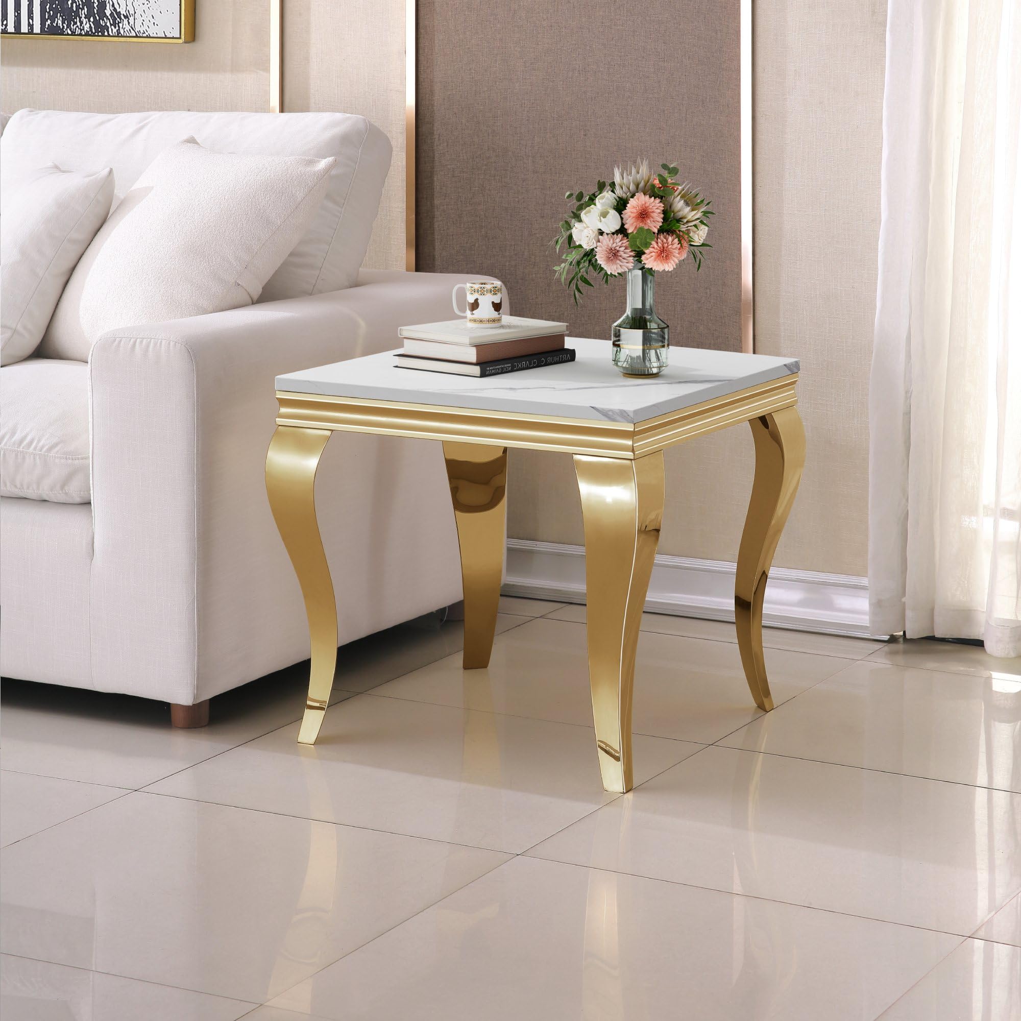 Luxury Marble Side Table, Square End Table with Faux Marble Tabletop &amp; Gold Stainless Steel S Legs, Modern Sofa Side Table for Living Room, Bedroom, Home Decor