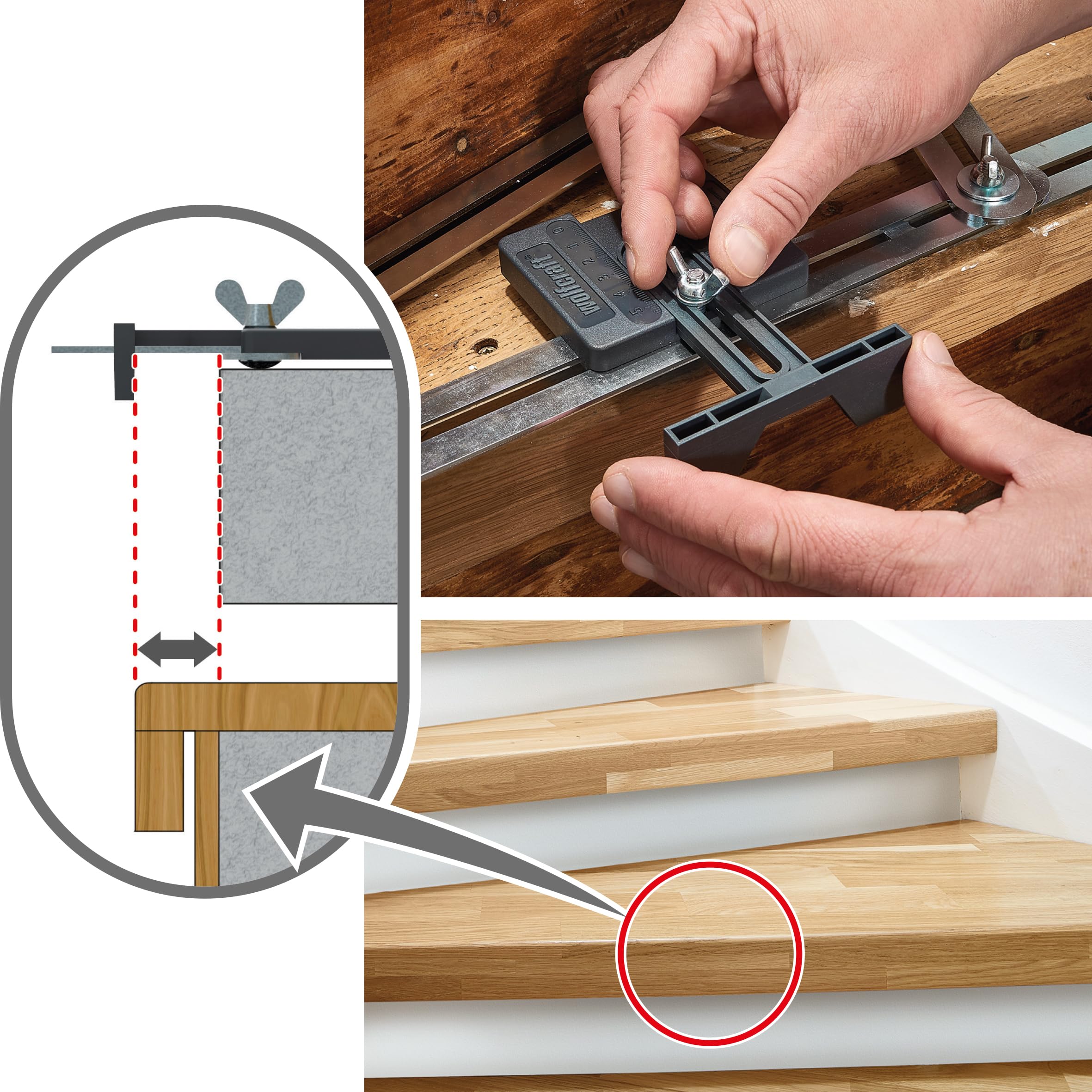 wolfcraft Treppenlehre – Winkelmesser & Schablone für Treppenbau | Treppenspinne & Winkelschmiege kombiniert – für Wendeltreppen, Dehnungsfugen & Materialzugaben – Metall, Made in EU - 5210000