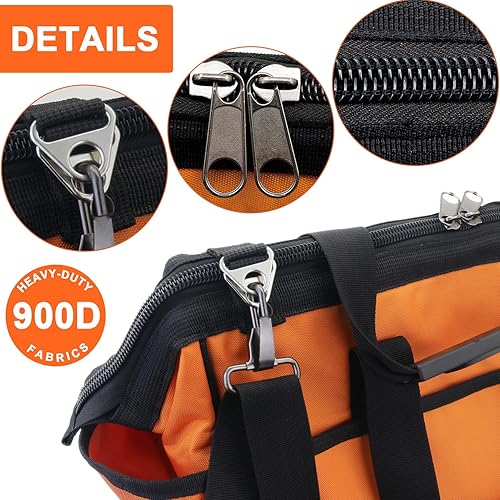 Miniatura 7 de Bolsa de herramientas de 16 pulgadas, base de plástico moldeada, resistente, impermeable, naranja, organizador de herramientas, boca ancha con