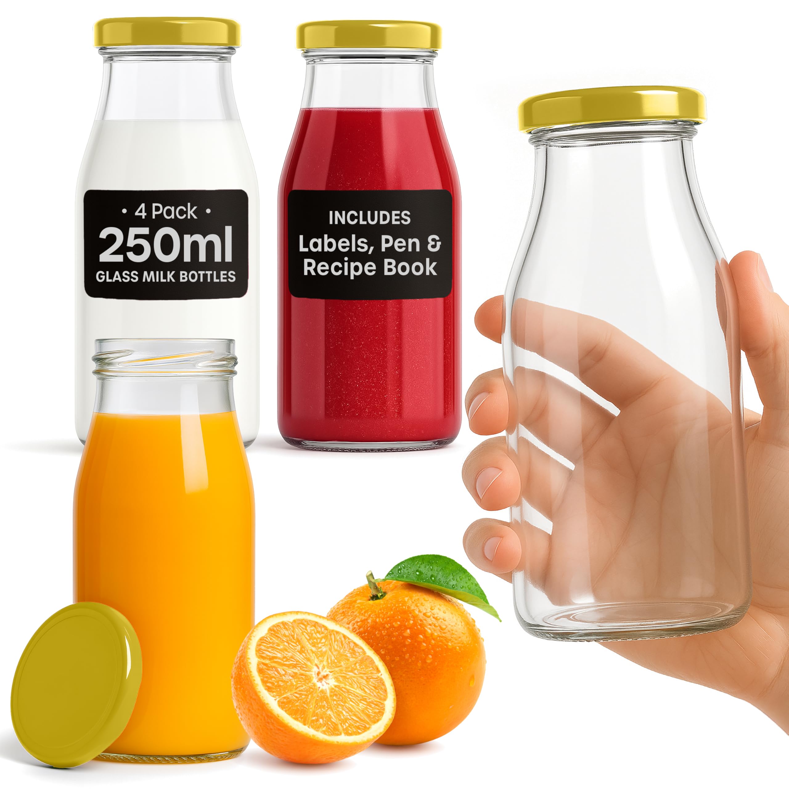 volila Glass Milk Bottles with Lids - 4 Pack x 250ml Glass Bottles with Lids, Labels, and Pen - Reusable Milk Bottle for Juices, Dressings, Sauces, Beverages, Decoration and Storage (Gold Lid)