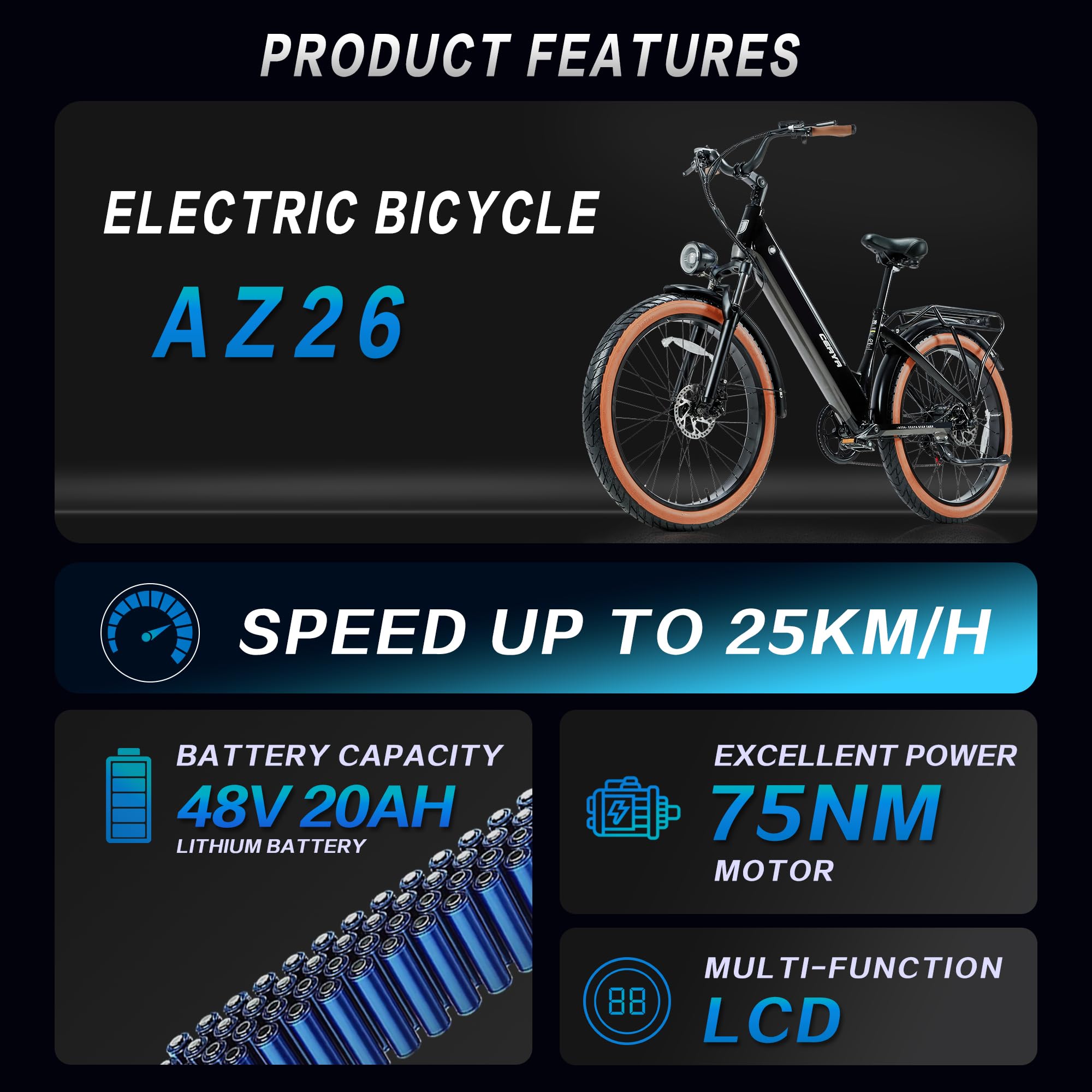 Vélo Électrique pour Adulte 26 Pouces Vélos Électriques Hommes Urbains Ebike Frein à Double Disque 3 Modes De Conduite Portée 50km