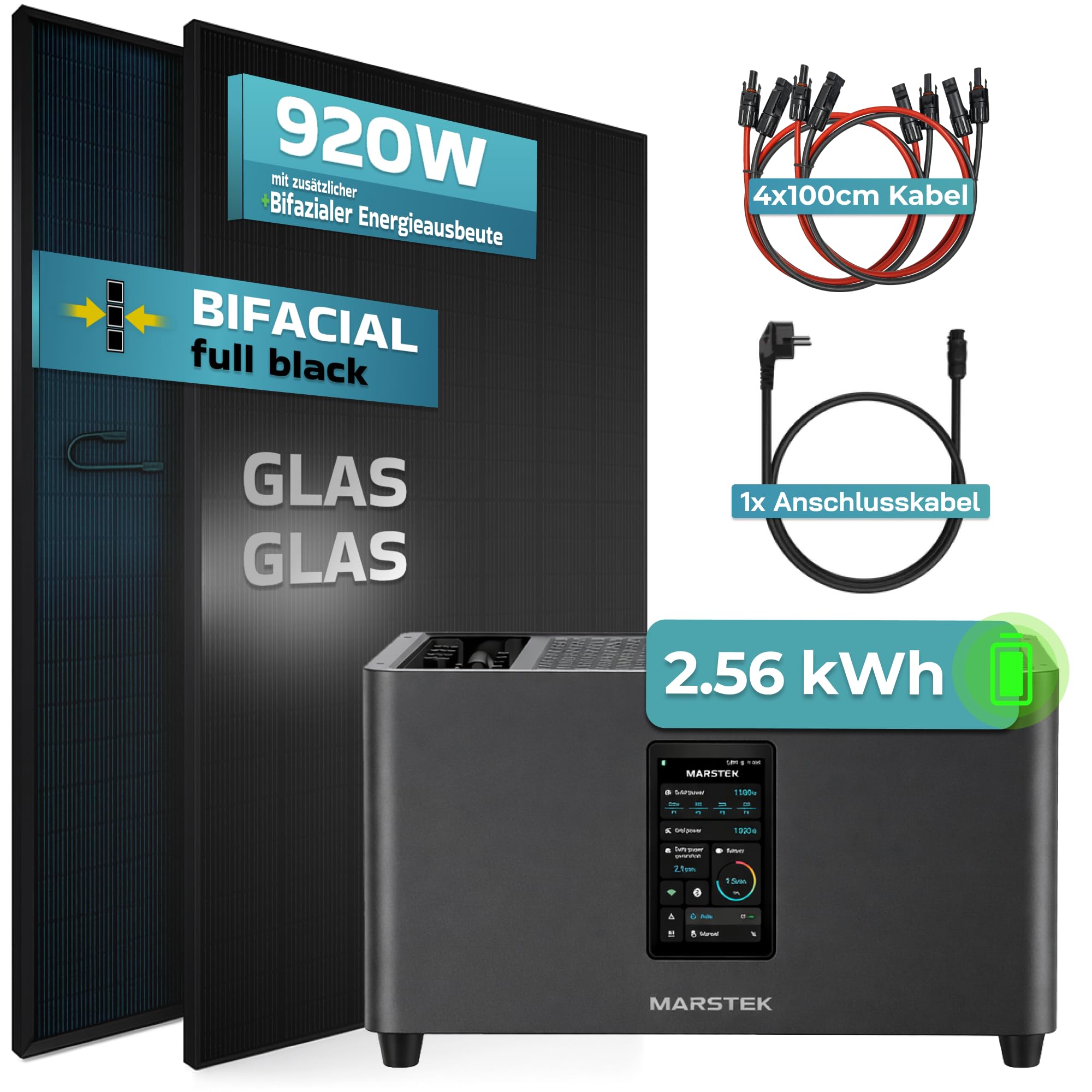 SUNNIVA® 920W Balkonkraftwerk mit 2,56 kWh Speicher MARSTEK Jupiter + C, BIFAZIAL FULLBLACK komplett Steckdose, PV Solaranlage Komplettset mit Solarspeicher, 2x 460W N-Type Glas-Glas Bifacial Module