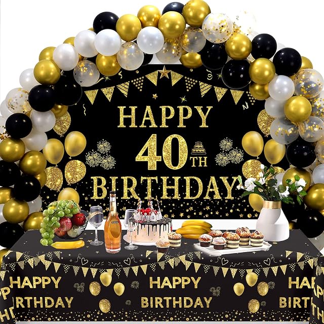 Trgowaul 40th Birthday Decorations Men Women - Black Gold Happy 40th Birthday Banner Backdrop, 2 Pcs Birthday Tablecloth, 60 Pcs Latex Confetti Balloons, 40 Years Old Bday Party Supplies Gifts Ideas