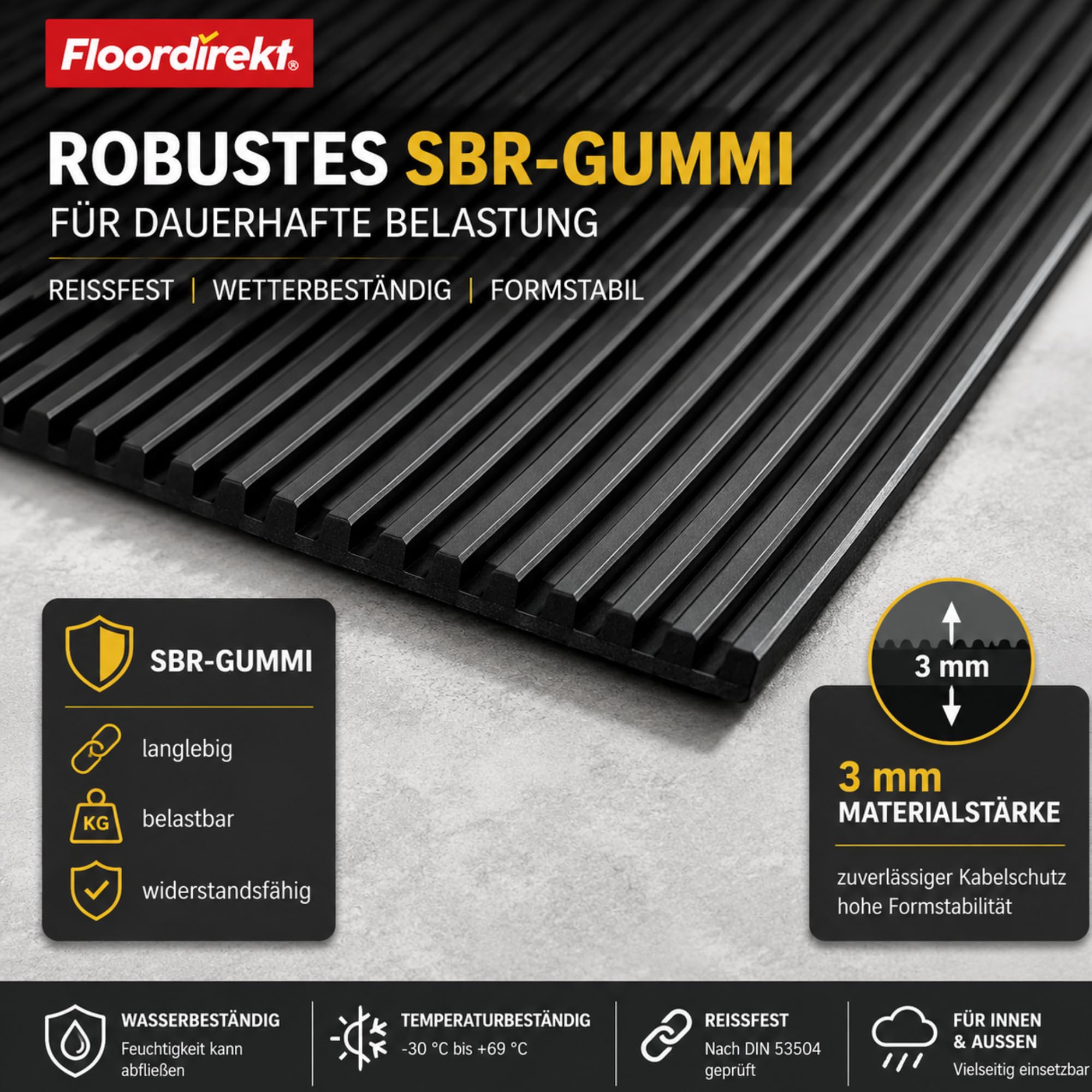 Floordirekt - Kabelschutzmatte 3 mm, Kabelmatte, Feinriefenmatte Kabelschutzmatte Outdoor kabelmatten Gummi (50cm, 5 Meter)