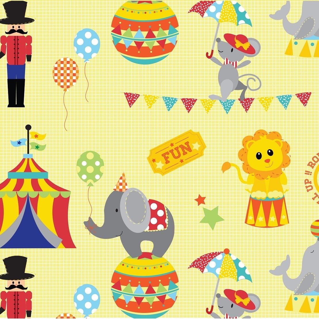 Yellow Circus Tent - 1 Fat Quarter 48cm x 55cm 100% Cotton Tight Woven Quilting Fabrics Material Animals Ringmaster Buntings Patchwork Kids Summer Bedding Elephants Sea Lion Star Dress Making