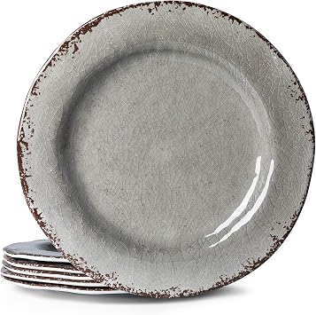 LEHAHA 6 Piece Crackle 11 Inch Melamine Dinner Plate, Set of 6, 100% Melamine Plates Set, Big Size Salad Plates, Unbreakable Serving Dishes Great for Indoor and Outdoor Use, Gray